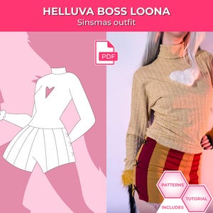 May include: Image of a costume design and a person wearing the costume. The design features a white top with a heart cutout and a pleated skirt. The person wears a tan ribbed turtleneck, a striped skirt, and fur accents. Text includes "HELLUVA BOSS LOONA" and "Sinsmas outfit."