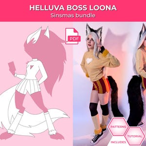 May include: A pink and white graphic of a cartoon character next to a person wearing a Loona cosplay costume. The costume includes a yellow sweater, striped shorts, and a black and white tail. Text on the image reads "HELLUVA BOSS LOONA Sinsmas bundle".