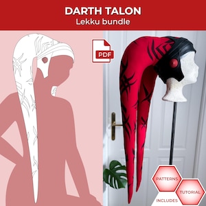 Puede incluir: Paquete Darth Talon Lekku. La imagen muestra un tocado rojo y negro con colas largas y puntiagudas y una cubierta para la cabeza negra. El diseño incluye marcas tribales negras. La imagen también presenta un contorno blanco del tocado y las palabras "Darth Talon" y "Lekku bundle".