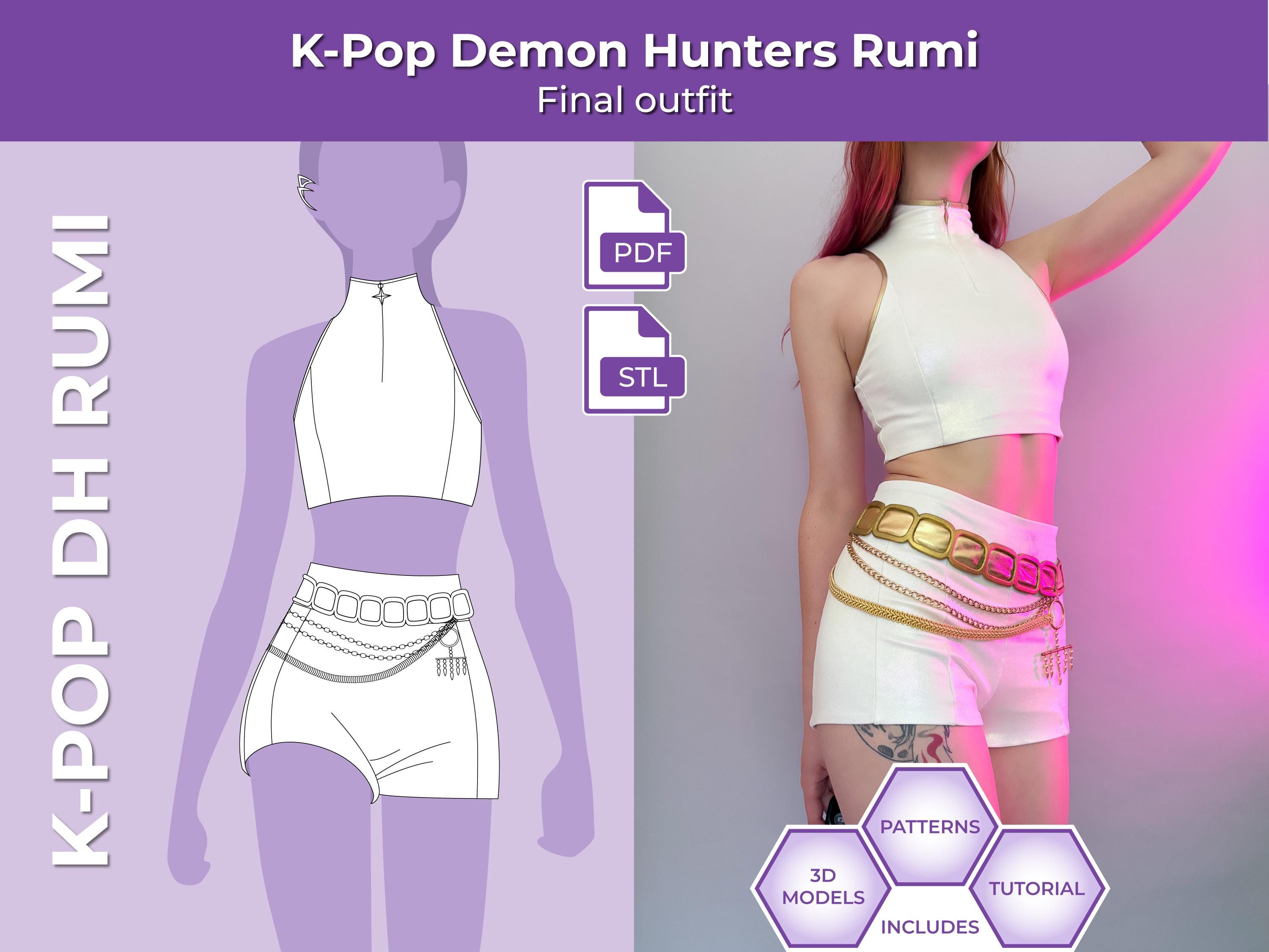 Fancy Dress Rumi Costume Pop Coréen Demon Hunters Kpop Pour Filles K Pop Demon Hunters Girls Rumi Sets Singers Matching Tenues (RumiKpop E, 110 Parrucca Rumi K Pop Demon Hunters
