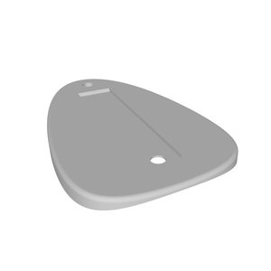 May include: A gray plastic guitar pick with a rounded shape and a slot for a finger. The pick has a small hole in the center.