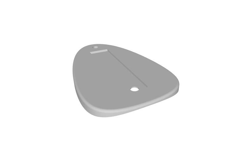 May include: A gray plastic guitar pick with a rounded shape and a slot for a finger. The pick has a small hole in the center.