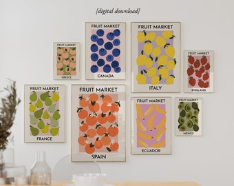 Fruit Market Set of 8 Prints Kitchen Wall Art Retro Fruits Wall Gallery Modern Colorful Trendy Fruit Print Set Travel Food Posters PRINTABLE