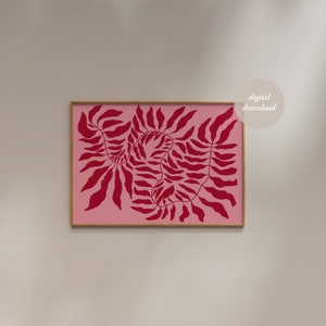 Estampado floral abstracto - Póster rosa y rojo - Estampado Matisse - Pastel danés - Estampado estético groovy - Impresión horizontal - ARTE DE PARED IMPRIMIBLE
