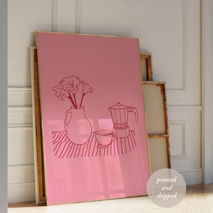 Hand Drawn Breakfast Coffee Print - Aesthetic Modern Kitchen Wall Art - Still Life Sketch - Trendy Pink Red Print - Eclectic Print