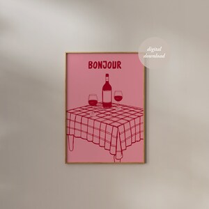 Hand getrokken eetkamer print-Bonjour poster-wijn en glazen illustratie-moderne keuken eetkamer print-Bar Cart decor-afdrukbare muur kunst