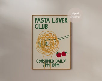 Pasta Lover Club Print - Spaghetti Print - Pasta Poster - Hand Drawn Kitchen Art - Foodie Drawing - Pasta Illustration - PRINTABLE WALL ART