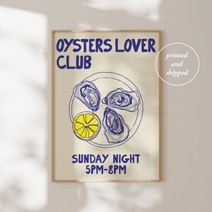 Stampa Oysters Lover Club - Poster di ostriche disegnate a mano - Arte murale carina per la cucina - Disegno di buongustai - Illustrazione di ostriche - Stampa di cibo retrò