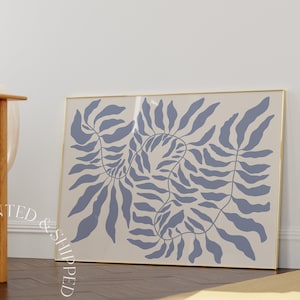 Impressão de folha abstrata, cor pastel azul, exposição estética, museu, flor pastel dinamarquesa, impressão moderna, pôster horizontal IMPRESSO E ENVIADO