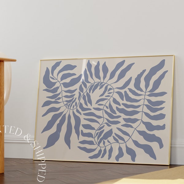 Abstract Leaf Print Blue Pastel Color Aesthetic Exhibition Museum Danish Pastel Flower Trendy Print Horizontal Poster PRINTED AND SHIPPED