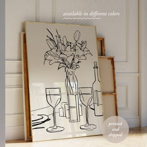 Hand Drawn Dining Print - Wine and Glasses Illustration - Girls Dinner - Flowers in Vase Still Life Drawing - Modern Kitchen Wall Art