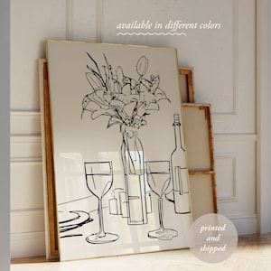 Hand Drawn Dining Print - Wine and Glasses Illustration - Girls Dinner - Flowers in Vase Still Life Drawing - Modern Kitchen Wall Art