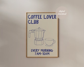 Impression Coffee Lover Club - Poster petit déjeuner - Pot Moka Espresso - Impression cuisine dessinée à la main - dessin fin gourmet - ART mural à imprimer