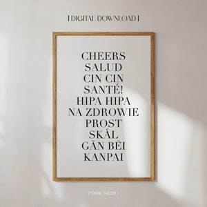 Cheers Print Cheers In Different Languages Wall Art Bar Cart Decor Cheers Sign Black And White Minimalist Cheers Text Print PRINTABLE