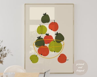 Kitchen Wall Art Fruit Market Food Poster Apples In Bowl Illustration Hand Drawn Fruit Print Colorful Modern Kitchen Dinning Room Poster