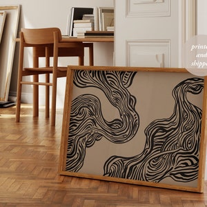Abstrakte Wandkunst Mid Century Modern Ästhetischer Druck Minimalistisches Poster Schwarz und Beige Neutrale Linien Wandkunst Trendiger Horizontaler Druck