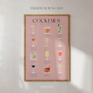 Klasyczny koktajl wydruk różowy modny plakat z drinkiem dekoracja baru wózek koktajlowy przewodnik po menu koktajlowym przepisy na koktajle sztuka kuchenna prezent koktajlowy DO DRUKU