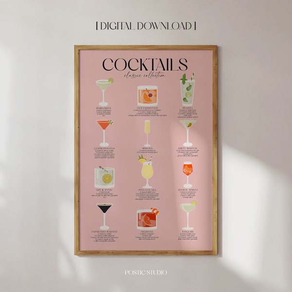 Classic Cocktails Print Pink Trendy Drink Poster Bar Cart Decor Cocktail Menu Guide Cocktail Recipes Kitchen Art Cocktail Gift PRINTABLE