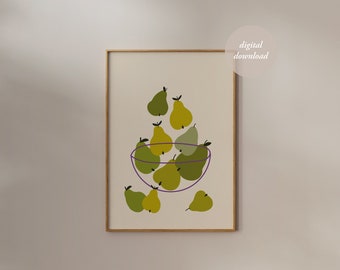 Kitchen Wall Art Fruit Print Pears In Bowl Hand Drawn Illustration Fruit Market Colorful Modern Kitchen Food Poster PRINTABLE WALL ART