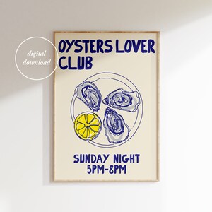 Impresión del club de amantes de las ostras - Póster de ostras - Impresión de cocina dibujada a mano - Dibujo de amante de la comida - Dibujo de ostras - Noche de ostras - ARTE DE PARED IMPRIMIBLE