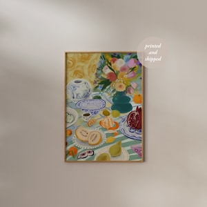 Impresión de comida dibujada a mano - Póster de cena - Decoración de cocina maximalista vintage - Dibujo de naturaleza muerta - Impresión de comida retro - Arte de pared ecléctico