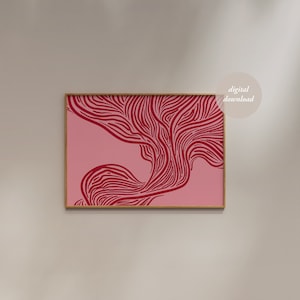 Arte de parede abstrata - Impressão rosa e vermelha - Pastel dinamarquês - Moderno de meados do século - Decoração de quarto de dormitório rosa - Impressão horizontal - ARTE DE PAREDE IMPRIMÍVEL