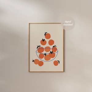 Cocina pared arte comida impresión tazón con naranjas ilustración dibujada a mano mercado de frutas frutas coloridas cartel de cocina moderna ARTE DE PARED IMPRIMIBLE