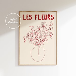 Impresión de jarrón de flores dibujada a mano - Cartel floral retro - Impresión de flores botánicas abstractas - Les Fleurs - Impresión del mercado de flores - ARTE DE PARED IMPRIMIBLE