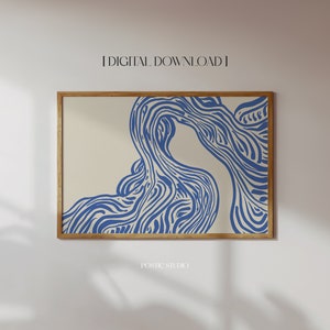 Arte de pared abstracto, estética moderna de mediados de siglo, impresión colorida, póster minimalista, arte de moda azul, impresión abstracta, impresión horizontal, IMPRIMIBLE
