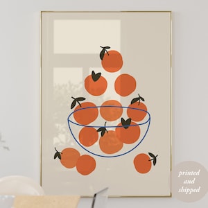 Art mural de cuisine, affiche de nourriture du marché aux fruits Illustration d'oranges dans un bol Fruits d'été d'agrumes Art de cuisine moderne pour salle à manger, impression de fruits