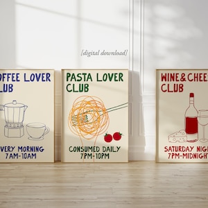 Juego de 3 impresiones de cocina dibujadas a mano - Impresión de cafetera moka - Póster para amantes de la pasta - Impresión de vino y queso - Dibujo de amante de la comida - ARTE DE PARED IMPRIMIBLE