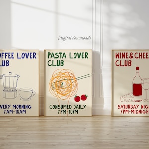 Hand Drawn Kitchen Print Set of 3 Moka Pot Coffee Print Pasta Lover Poster Wine and Cheese Print Foodie Drawing PRINTABLE WALL ART image 1