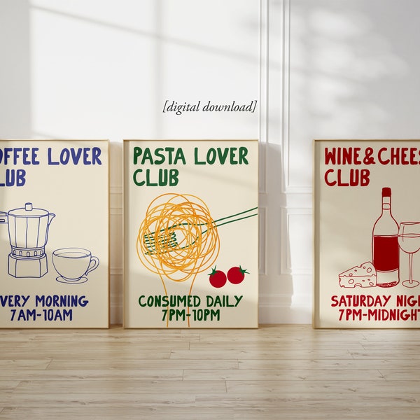 Hand Drawn Kitchen Print Set of 3 - Moka Pot Coffee Print - Pasta Lover Poster - Wine and Cheese Print - Foodie Drawing - PRINTABLE WALL ART