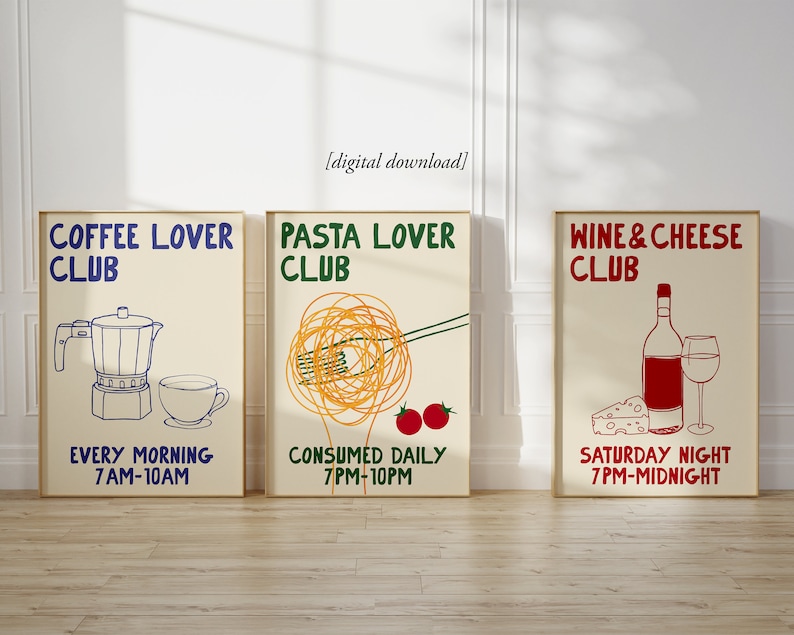 Hand Drawn Kitchen Print Set of 3 Moka Pot Coffee Print Pasta Lover Poster Wine and Cheese Print Foodie Drawing PRINTABLE WALL ART image 1