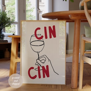 Cin Cin Print - Wystrój wózka barowego - Retro Drink Wine Print - Ręcznie rysowany plakat z winem - Cheers Print - Prezent dla miłośnika wina - Nowoczesny wydruk kuchenny