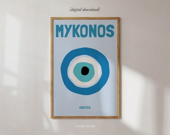 Luoghi di viaggio famosi Stampa di Mykonos Arredamento per la camera preppy alla moda Poster vivace Stampa colorata Arredamento per la camera del dormitorio Arte della parete di viaggio STAMPABILE