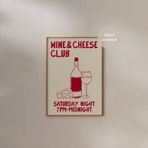Impresión del club de vino y queso - Cartel de vino dibujado a mano - Decoración del comedor de la cocina - Regalo amante del vino - Dibujo gastronómico - ARTE DE PARED IMPRIMIBLE