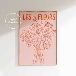 Impresión de jarrón de flores dibujado a mano - Póster floral retro - Impresión de flores botánicas abstractas - Les Fleurs - Impresión del mercado de flores - ARTE DE PARED IMPRIMIBLE