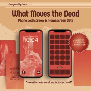 Pode incluir: Duas maquetes de tela de telefone com fundo vermelho. A maquete da esquerda apresenta uma ilustração vintage de um coelho com o texto "What Moves the Dead" e um visor de hora às 10:04. A maquete da direita apresenta uma grade de ícones com o texto "Inspirado pelo livro de T. Kingfisher".