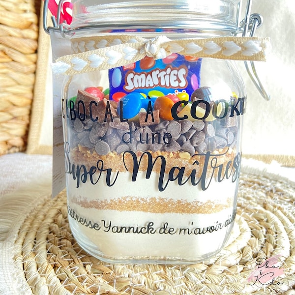 Cadeau Maîtresse Bocal SOS cookies personnalisé Maître, Nounou, Orthophoniste, Atsem...Pot à personnalisé kit cookies