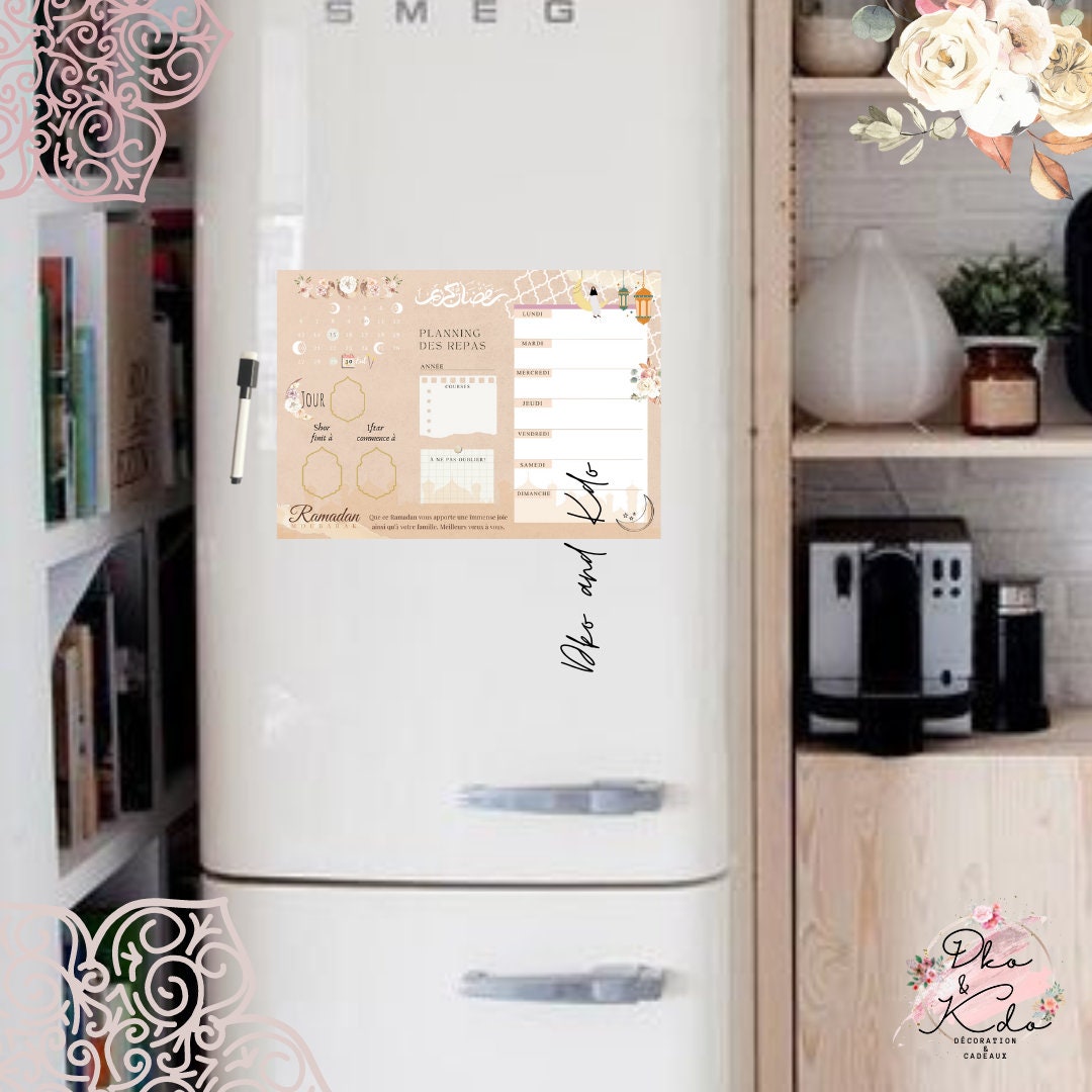Planning Repas Aimant Calendrier de Ramadan Horaires et Jours Magnet avec Stylo Effaçable Pour Frigo
