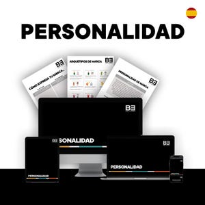 May include: A digital marketing concept with the word "PERSONALIDAD" in large black letters. The image features a desktop computer, laptop, tablet, and smartphone, each displaying the word "PERSONALIDAD" and the "B3" logo. Printed documents are also visible.