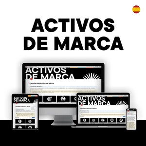 May include: A digital marketing graphic with the text "ACTIVOS DE MARCA" in bold black letters. The image shows a desktop computer, laptop, tablet, and smartphone displaying the same webpage. The webpage title is "Plantilla de Activos de Marca".