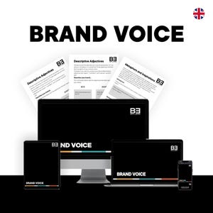 May include: A digital marketing concept image with the words "BRAND VOICE" in large, bold, black letters. The image features a desktop computer, laptop, tablet, and smartphone, all displaying the words "BRAND VOICE" on their screens. There are also three sheets of paper with text.