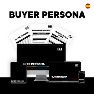 以下が含まれることがあります： 太字の黒い文字で「BUYER PERSONA」というテキストが表示されたデジタルマーケティングのコンセプト画像。この画像には、ラップトップ、タブレット、スマートフォン、印刷されたドキュメントが含まれており、すべて「BUYER PERSONA」のブランドとロゴを表示しています。