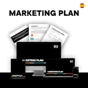 May include: A marketing plan concept is displayed on a desktop monitor, laptop, tablet, and smartphone. The devices show the words "MARKETING PLAN" and other text. The background is white and black. The image has a Spanish flag in the top right corner.