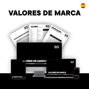 Może przedstawiać: Prezentacja marketingu cyfrowego z tekstem "VALORES DE MARCA" wyświetlanym na monitorze komputera, laptopie, tablecie i smartfonie. Widoczne są również dokumenty z tekstem "POSICIONAMIENTO DE MARCA", "VALORES" i "BRAND BELIEFS".