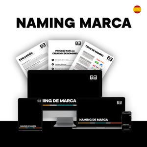 May include: A digital marketing presentation titled "NAMING MARCA" displayed on various devices, including a desktop computer, laptop, tablet, and smartphone. The presentation includes documents with the text "EVALUACIÓN" and "PROCESO PARA LA CREACIÓN DE NOMBRES".