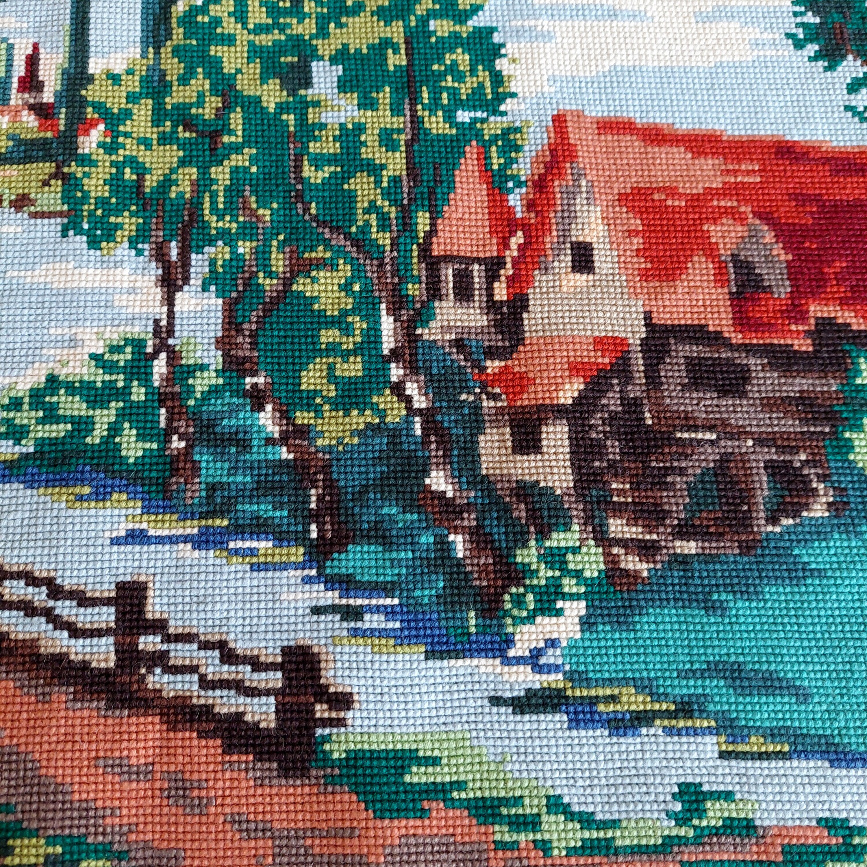 ヴィンテージ手刺繍タペストリー：レトロな風景の壁飾り - Etsy 日本