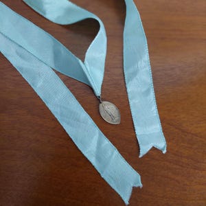 Vintage Holy Medal: First Communion Souvenir, Silver & Blue Ribbon
